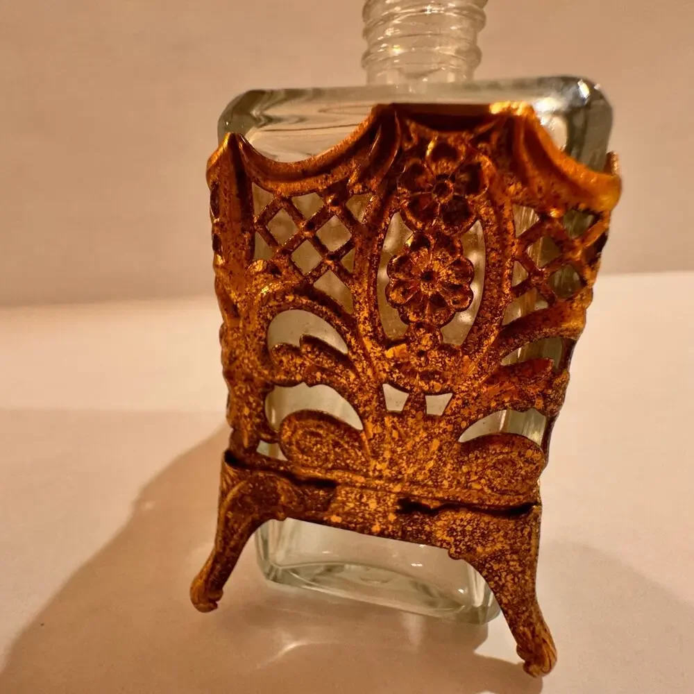 Vintage Perfume Bottle Ornate Footed Gold Filigree Cologne Vanity‎ No Perfume